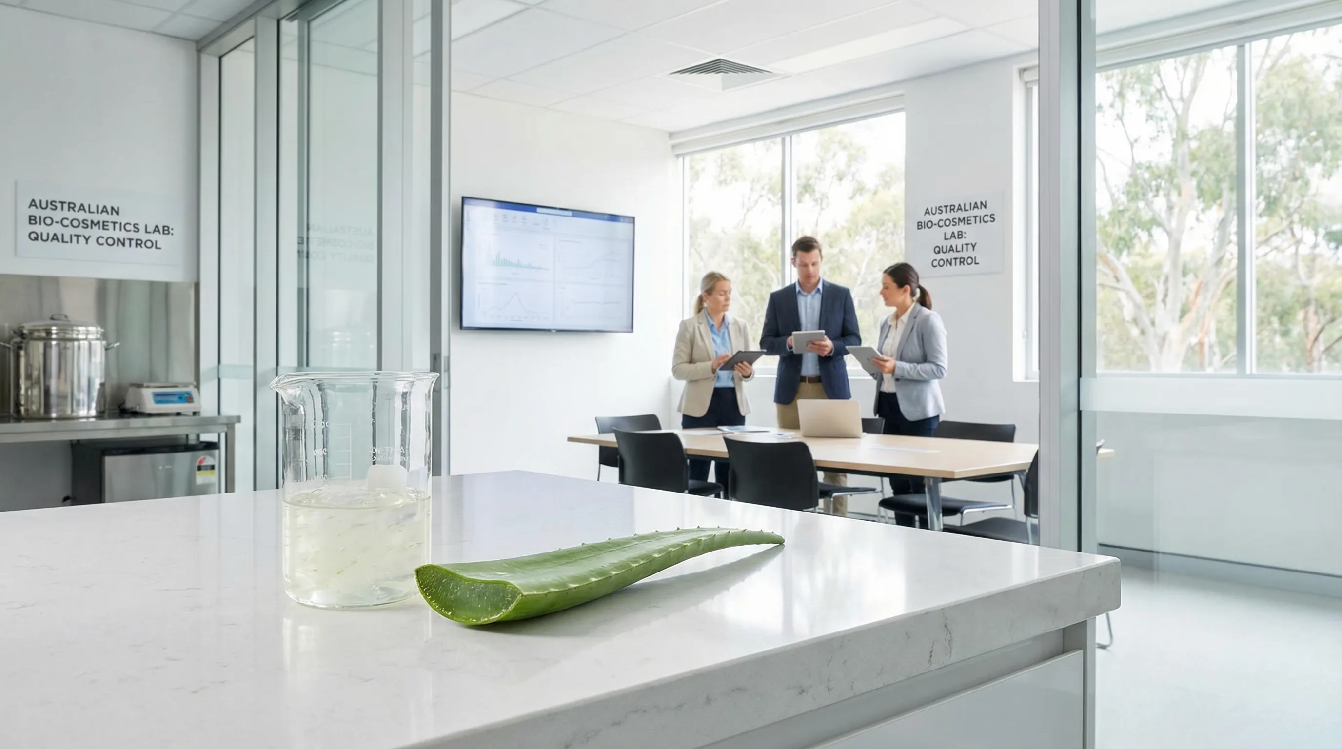 Professionals analyzing pure aloe vera gel in a modern Australian lab.