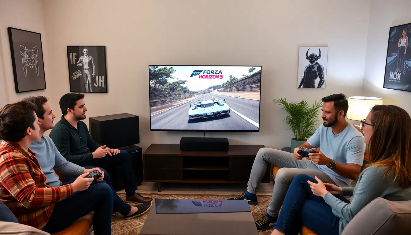 diverse gamers enjoying Forza Horizon 5 in a modern gaming setting.