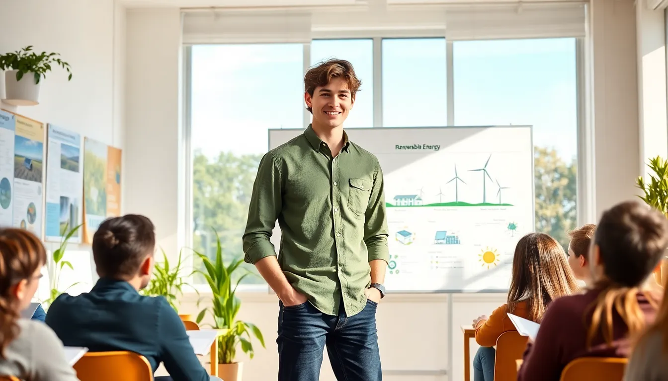 A young man teaching about renewable energy in a sunlit classroom.