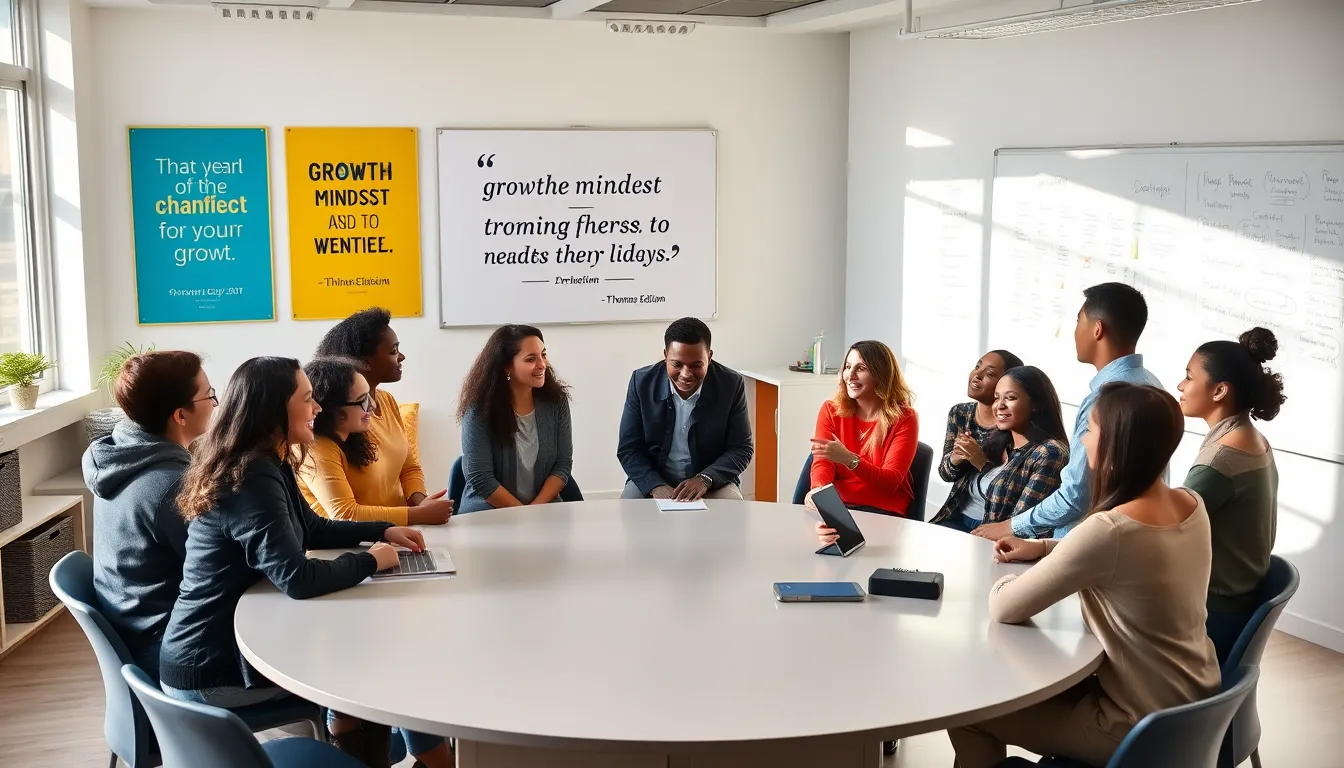 diverse students discussing growth mindset quotes in a modern classroom.