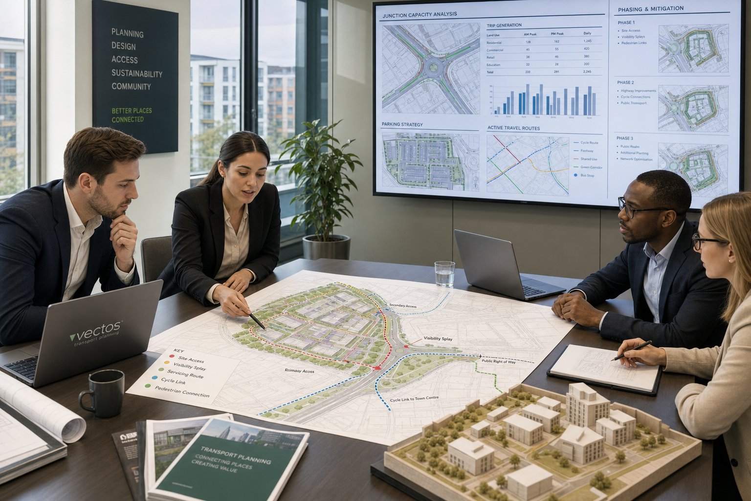 Transport planning team reviewing a UK development site access plan.