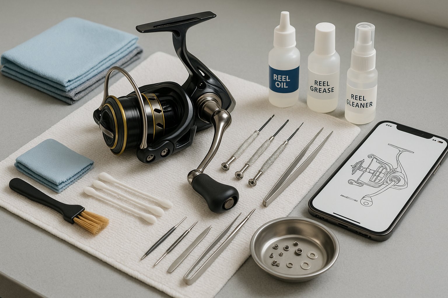 Fishing reel cleaning tools arranged neatly on a workbench.