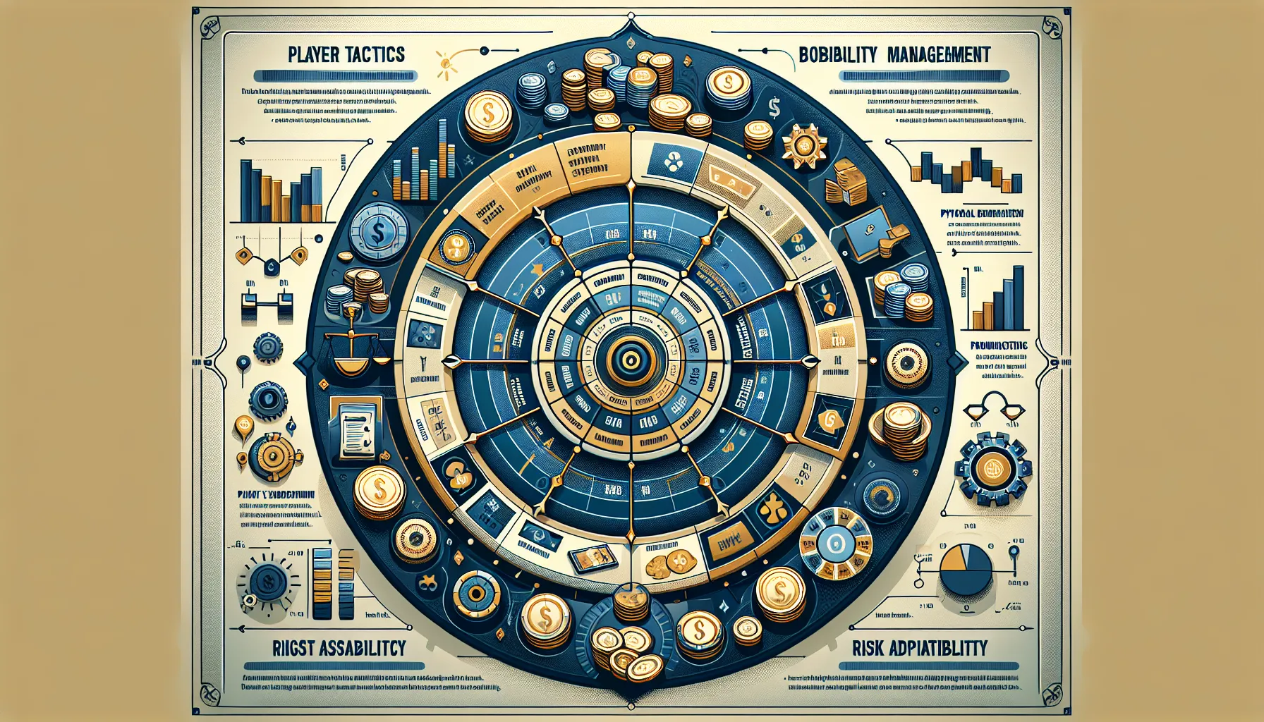 Illustration of betting strategy concepts for slot games utilizing cyclic and thematic designs.