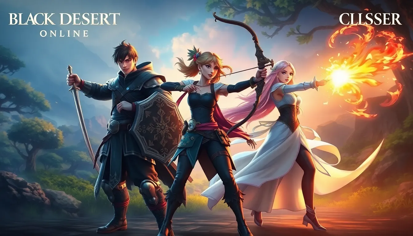 three gamers representing melee, ranged, and magic classes in a fantasy setting.