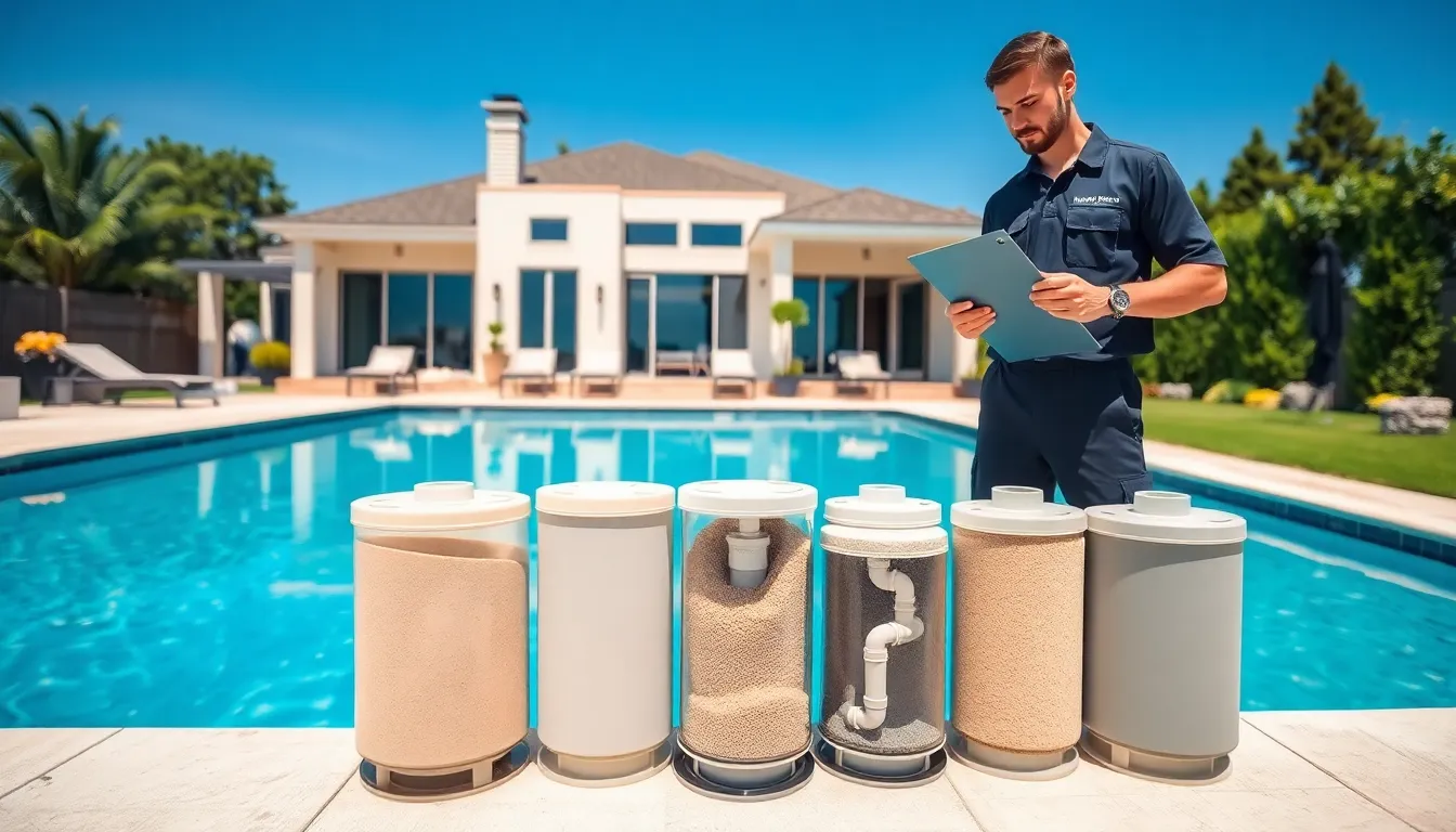 Pool maintenance professional inspecting sand filters by a sparkling pool.