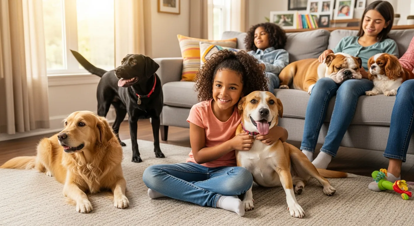 Young girl cuddling a mixed-breed dog with other family dogs relaxing nearby.
