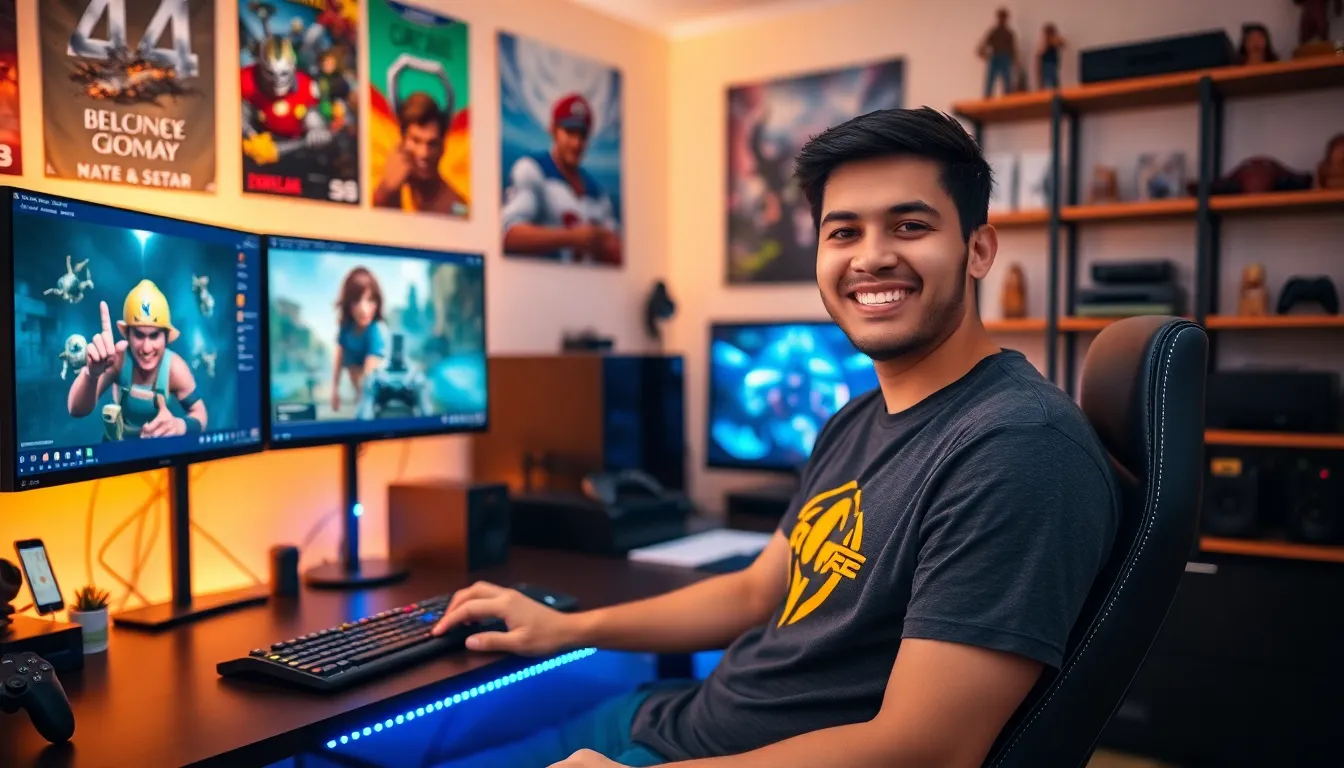 Larry Nando creating gaming content in his cozy gaming room.