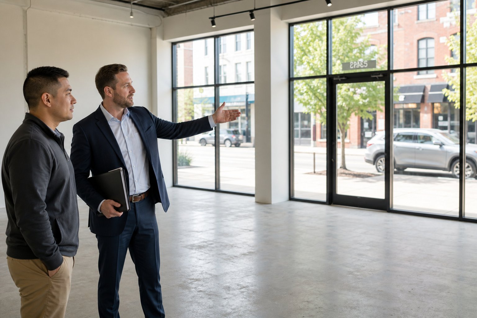 Broker and client inspecting an empty retail unit with large front windows and natural light.