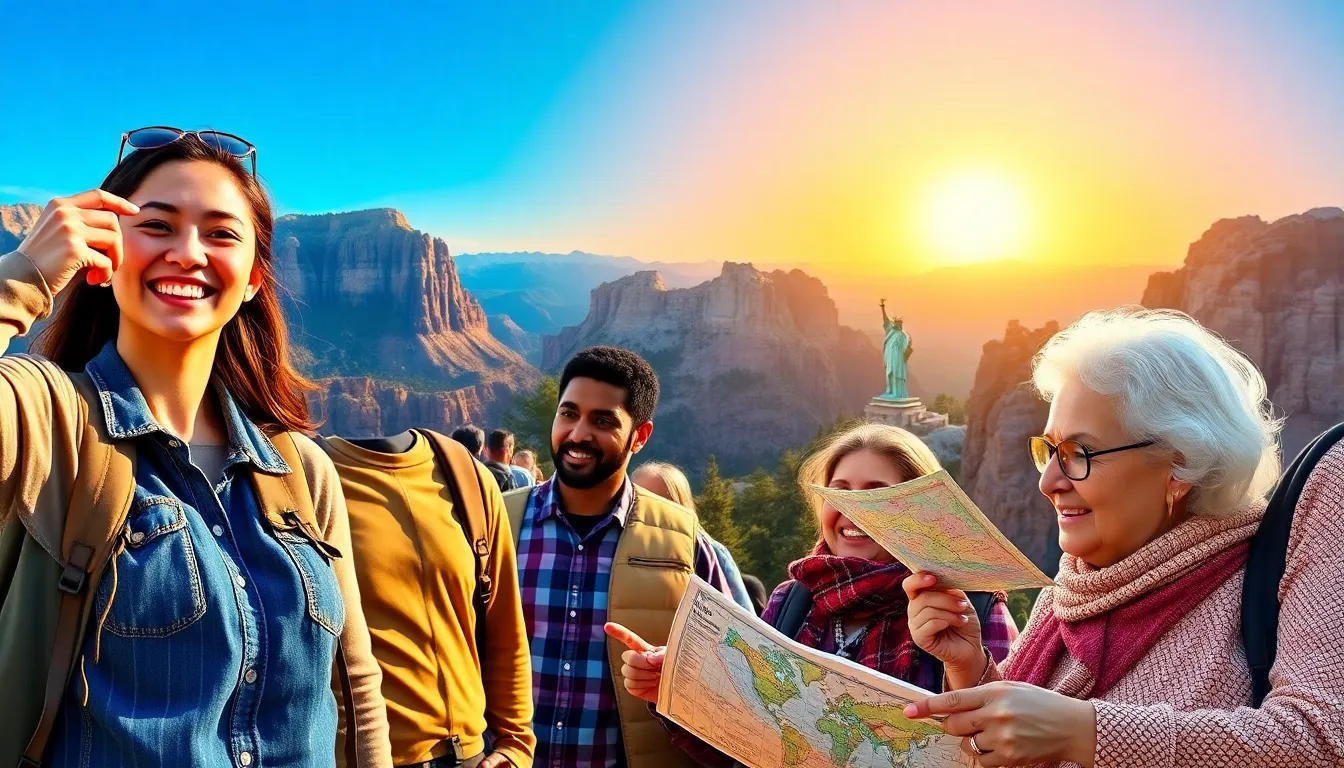 diverse travelers at iconic U.S. landmarks, representing a bucket list experience.