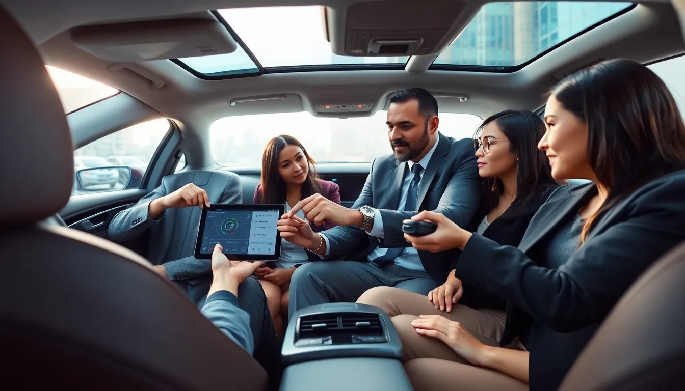professionals discussing modern car gadgets in a sleek vehicle interior.