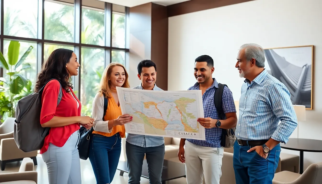 diverse travelers discussing safety in a modern hotel lobby.