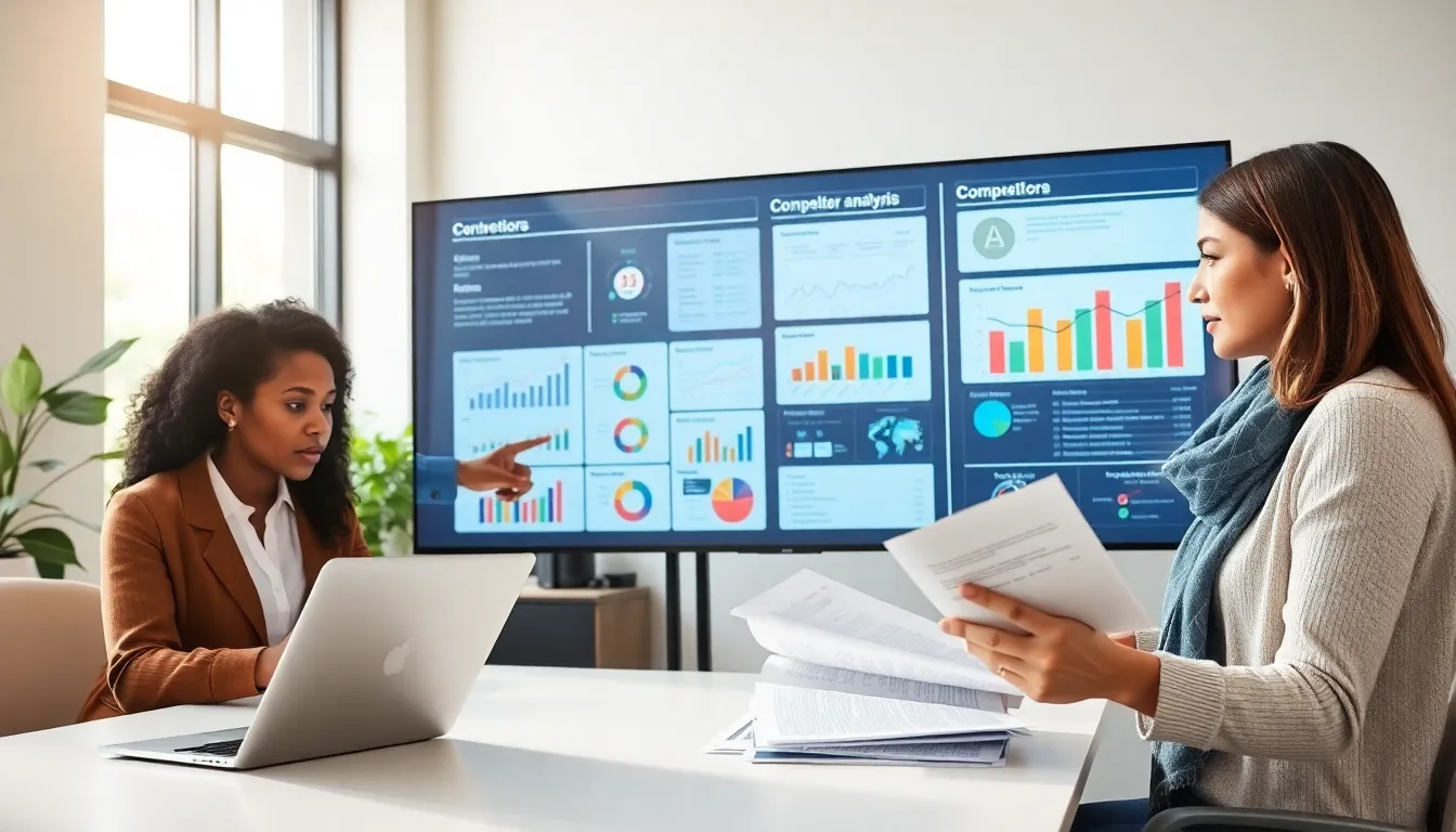 diverse team collaborating on market research in a modern office.