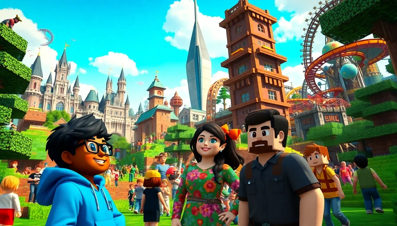 Minecraft avatars collaborating in a vibrant community hub.