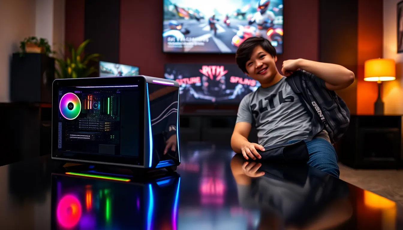 a compact transport gaming PC and a stylish backpack in a cozy gaming setup.