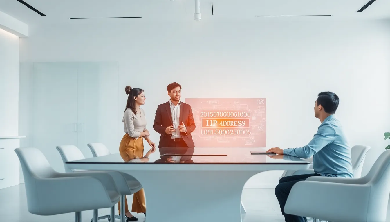 diverse team discussing IP addresses in a modern office.