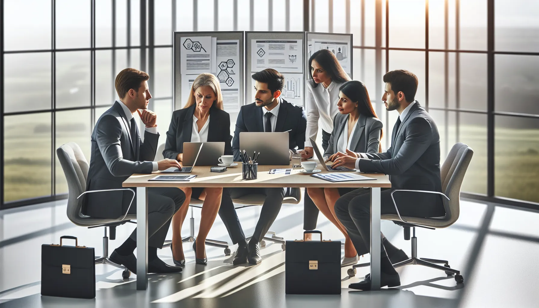 diverse team discussing legal compliance in a modern office.