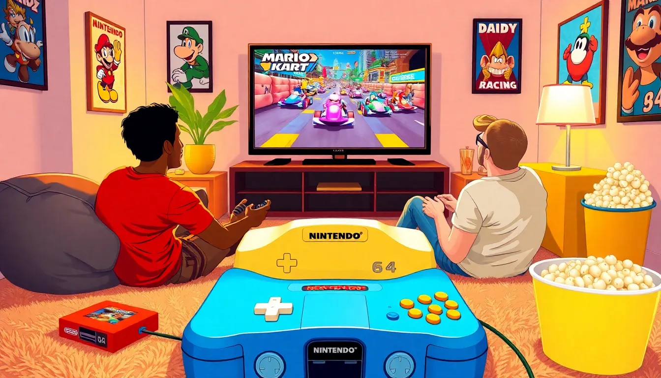 friends gaming with Nintendo 64 racing games in a cozy living room.