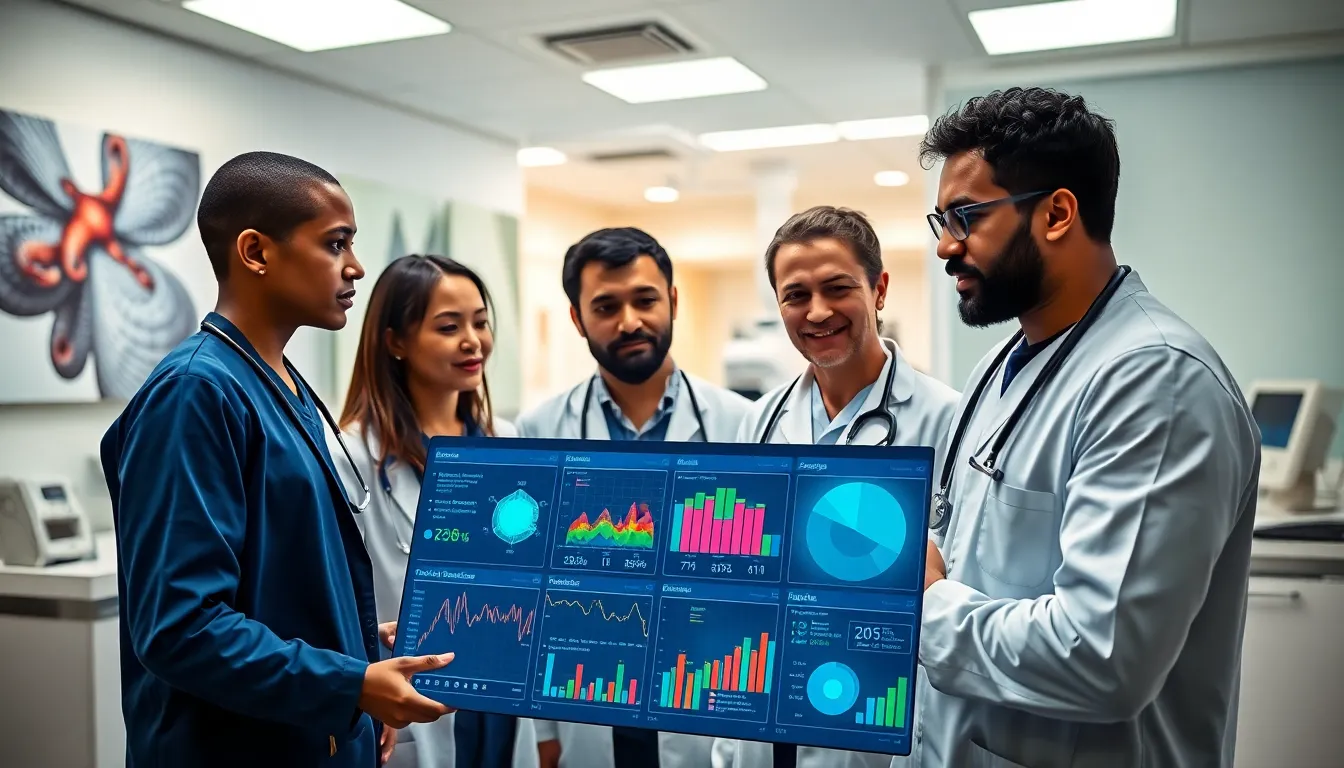 healthcare professionals discussing clinical artificial intelligence data in a modern setting.