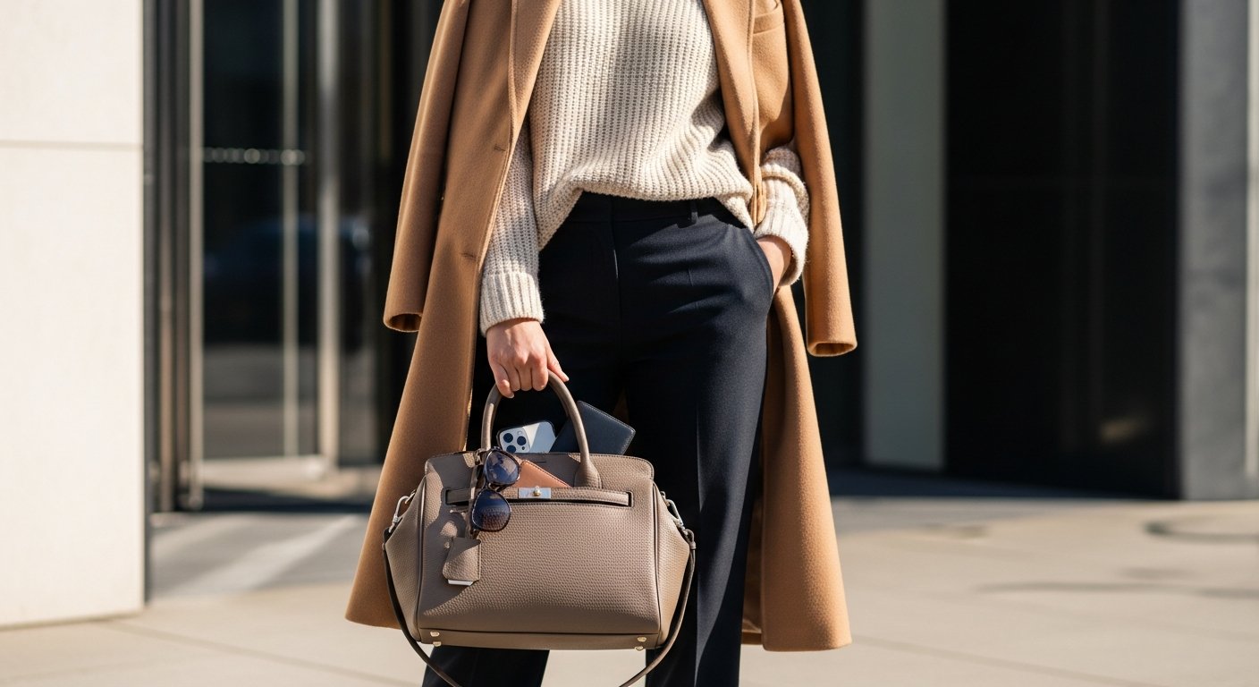 Woman with a timeless designer handbag in a modern city setting.