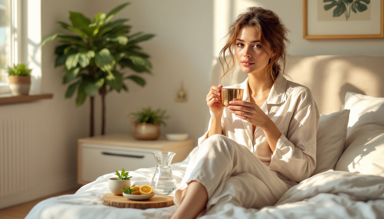 A woman sitting on her bed sipping water from a copper cup in soft morning light.