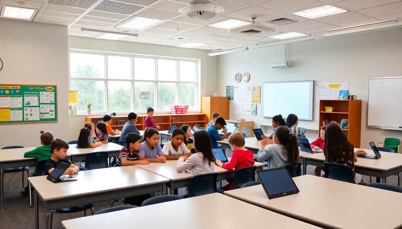 students engaged in STEM activities in a modern classroom.