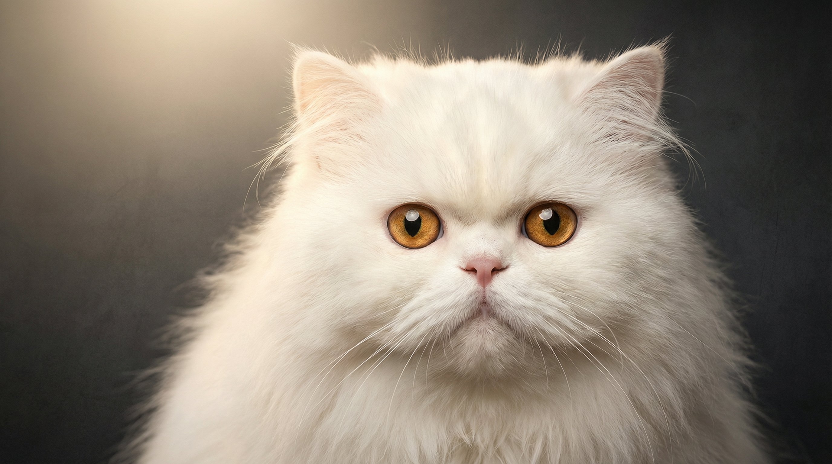 Close-up portrait of a white Persian cat with flowing fur against a dark background.