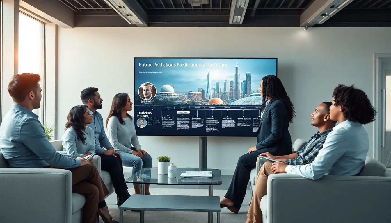 diverse team collaborating on futuristic predictions in a modern office.
