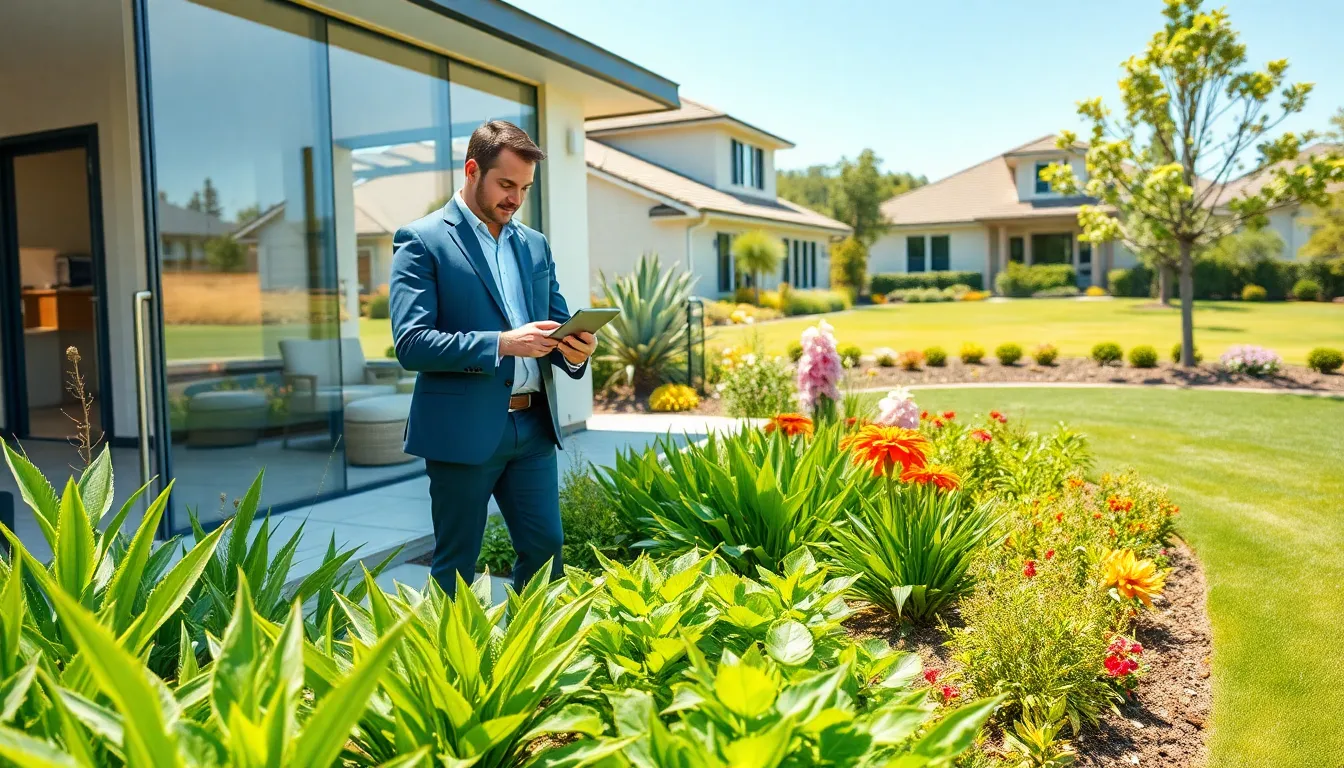property manager using smart irrigation technology in a vibrant garden.