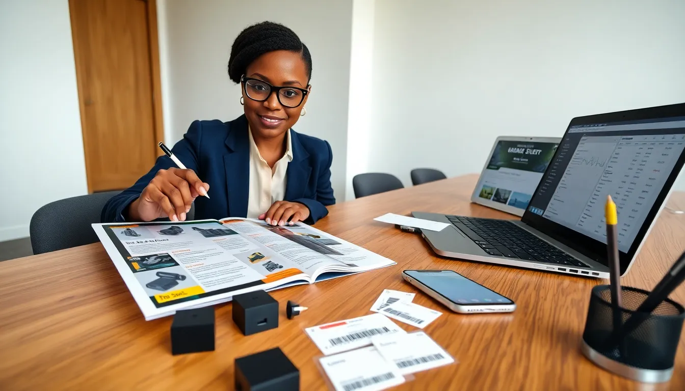 Professional reviewing a printed and digital product catalog at a modern office table.