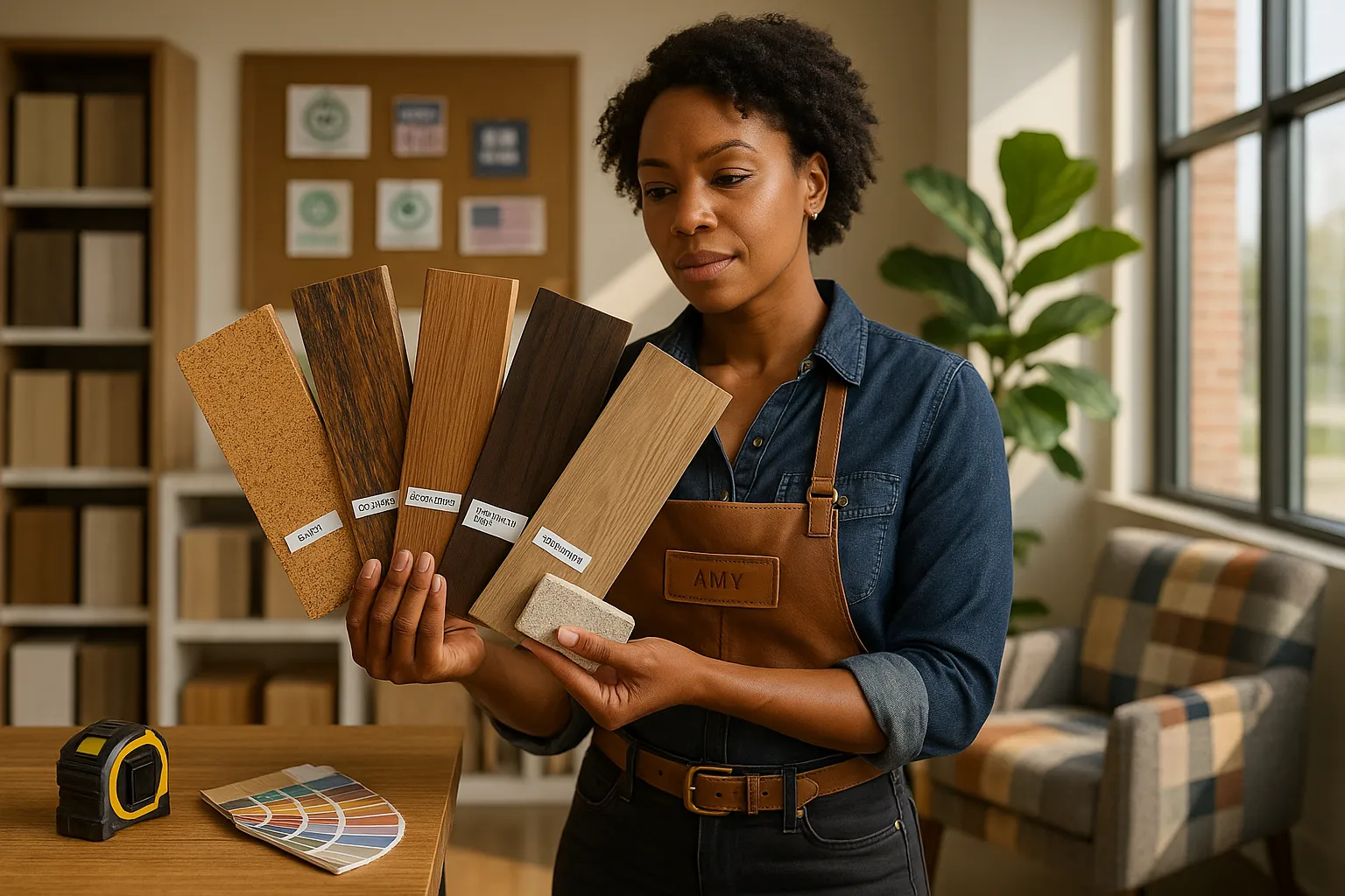 designer holding fanned material samples: cork, reclaimed wood, engineered, thermal, hempcrete, vinyl