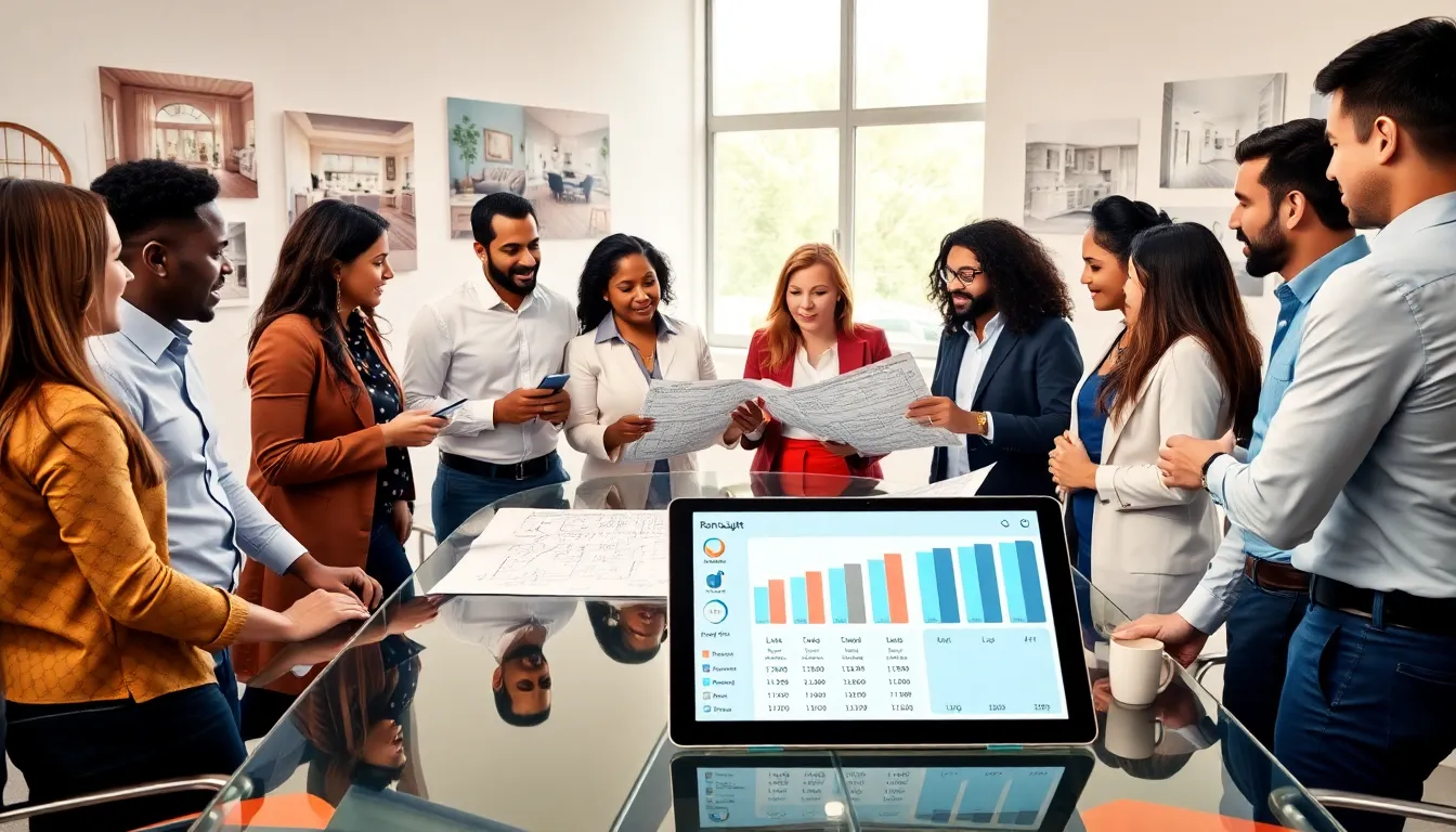 diverse team discussing home renovation plans in a modern office.