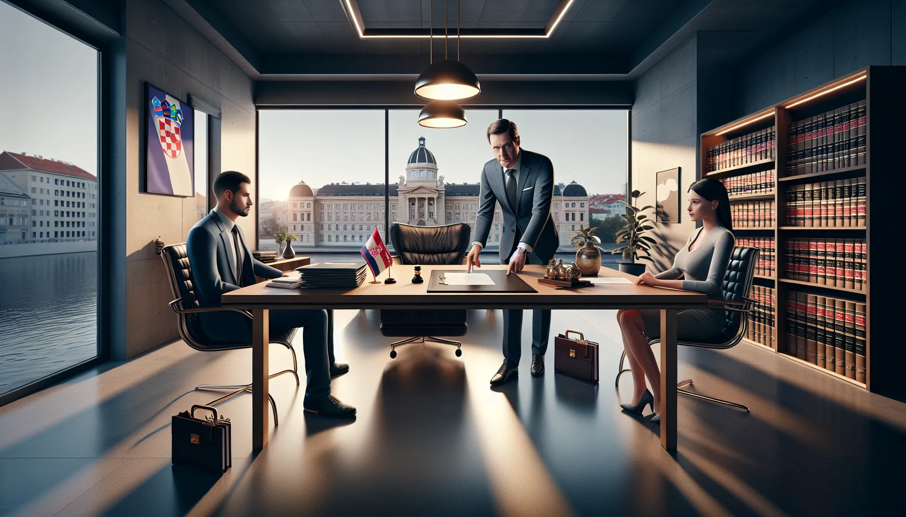 Family lawyer explaining child visitation schedule to divorced parents in modern office