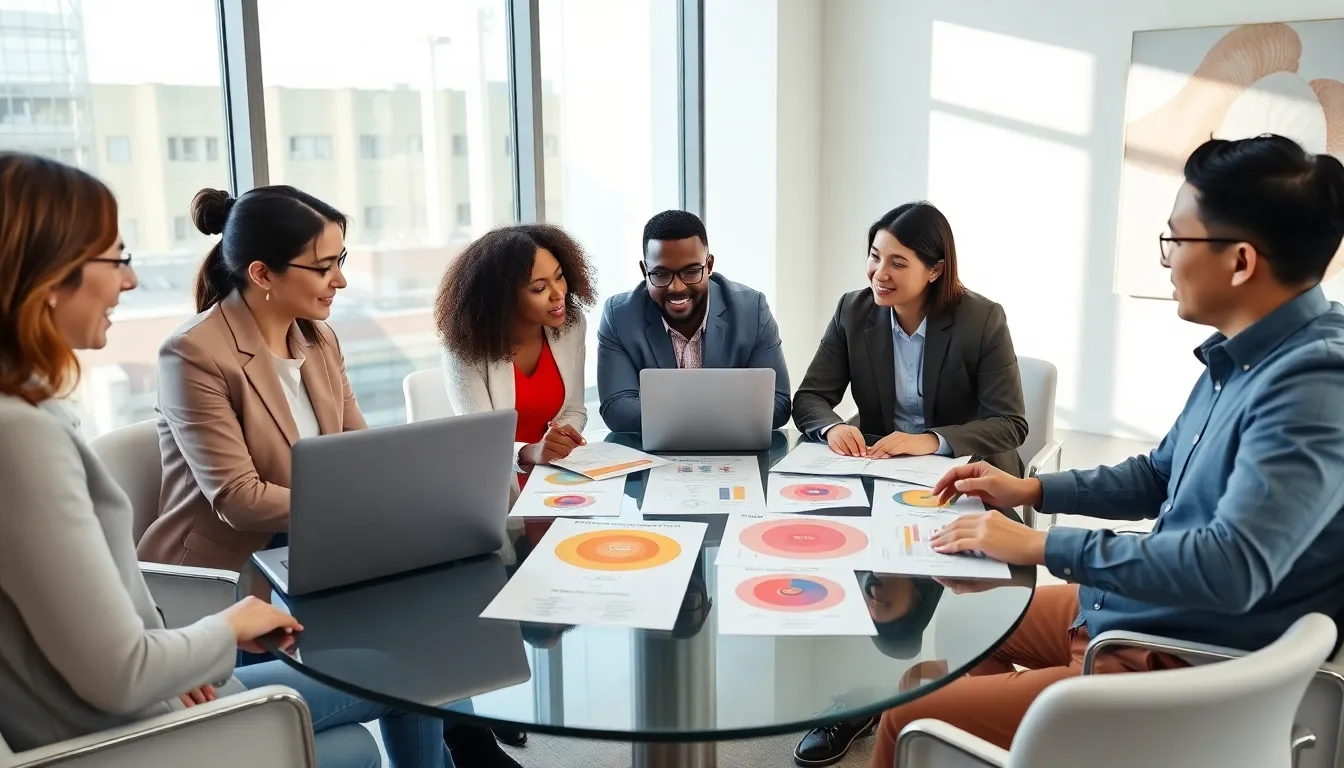 diverse professionals discussing parenting styles in a modern office setting.