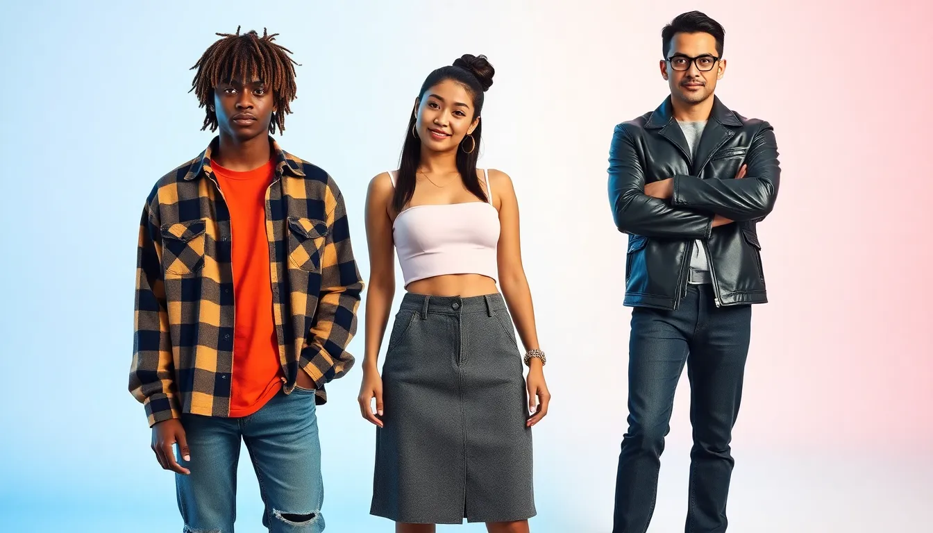 diverse group showcasing iconic 90s outfits in a modern studio.