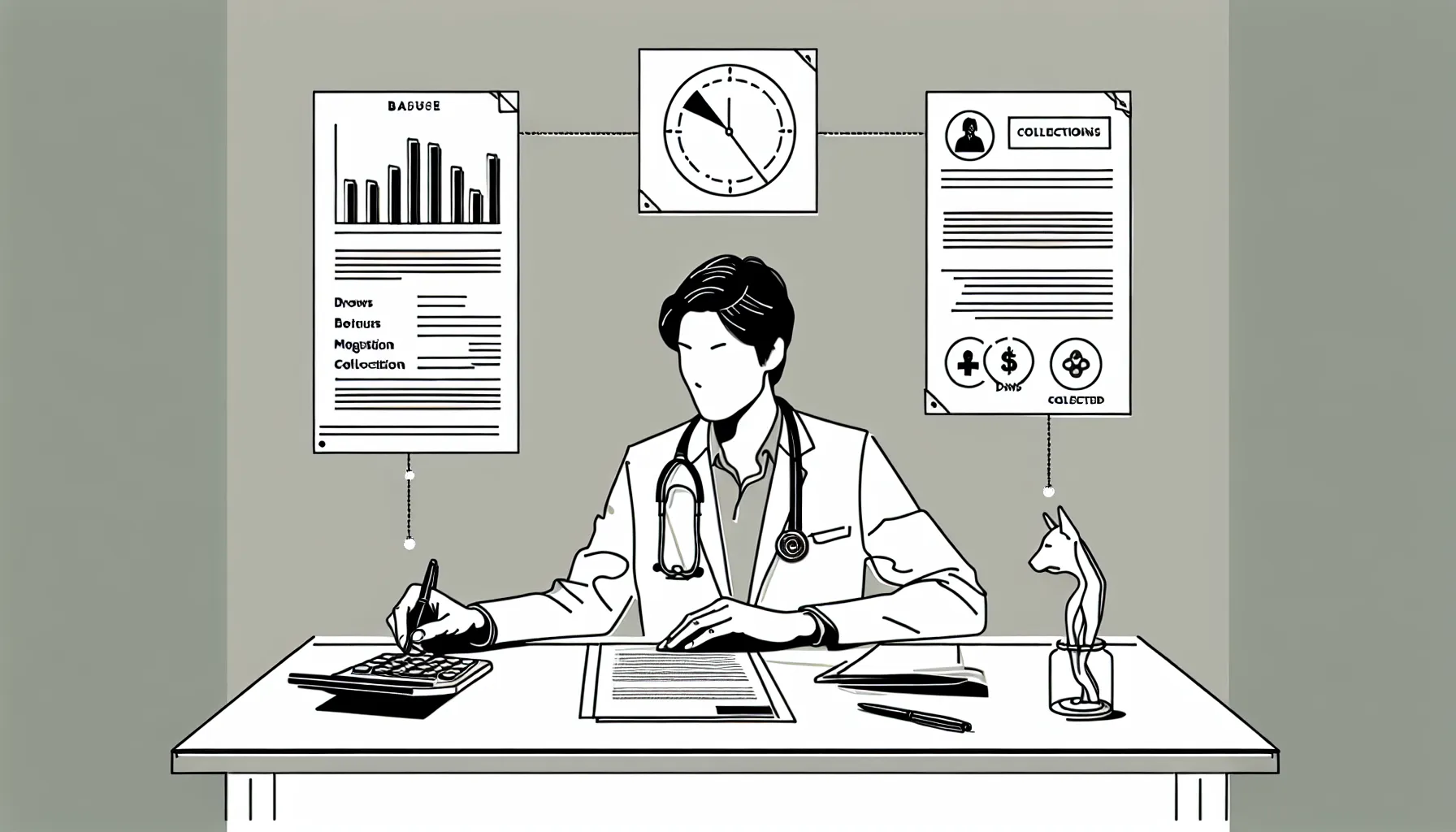 New grad veterinarian at a desk reviewing a contract with compensation icons.