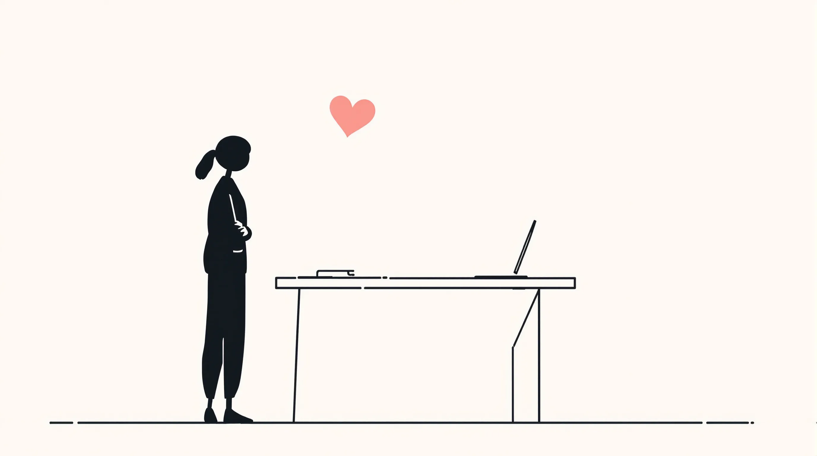 Teacher silhouette with floating heart symbol on clean minimal background.