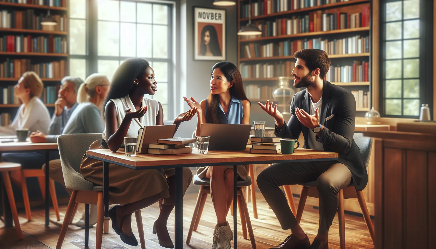 diverse readers discussing Colleen Hoover's novel in a cozy caf&eacute;.