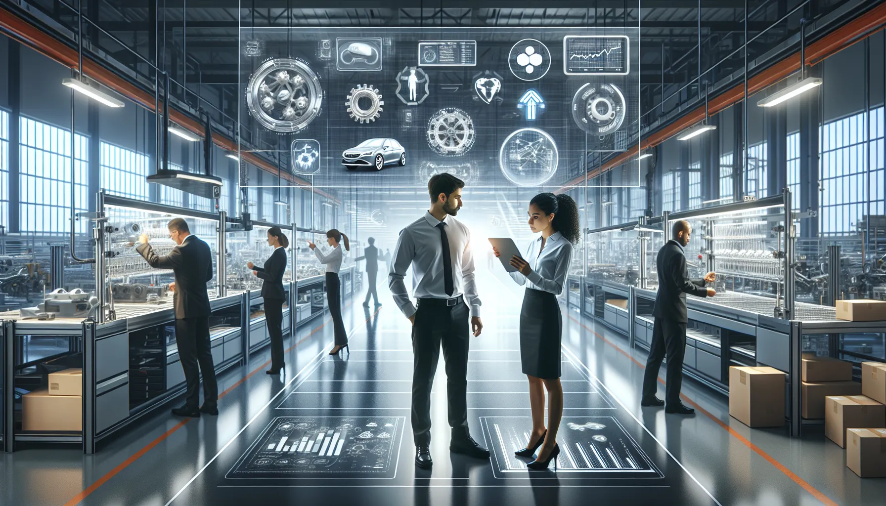 diverse professionals in a modern manufacturing environment.