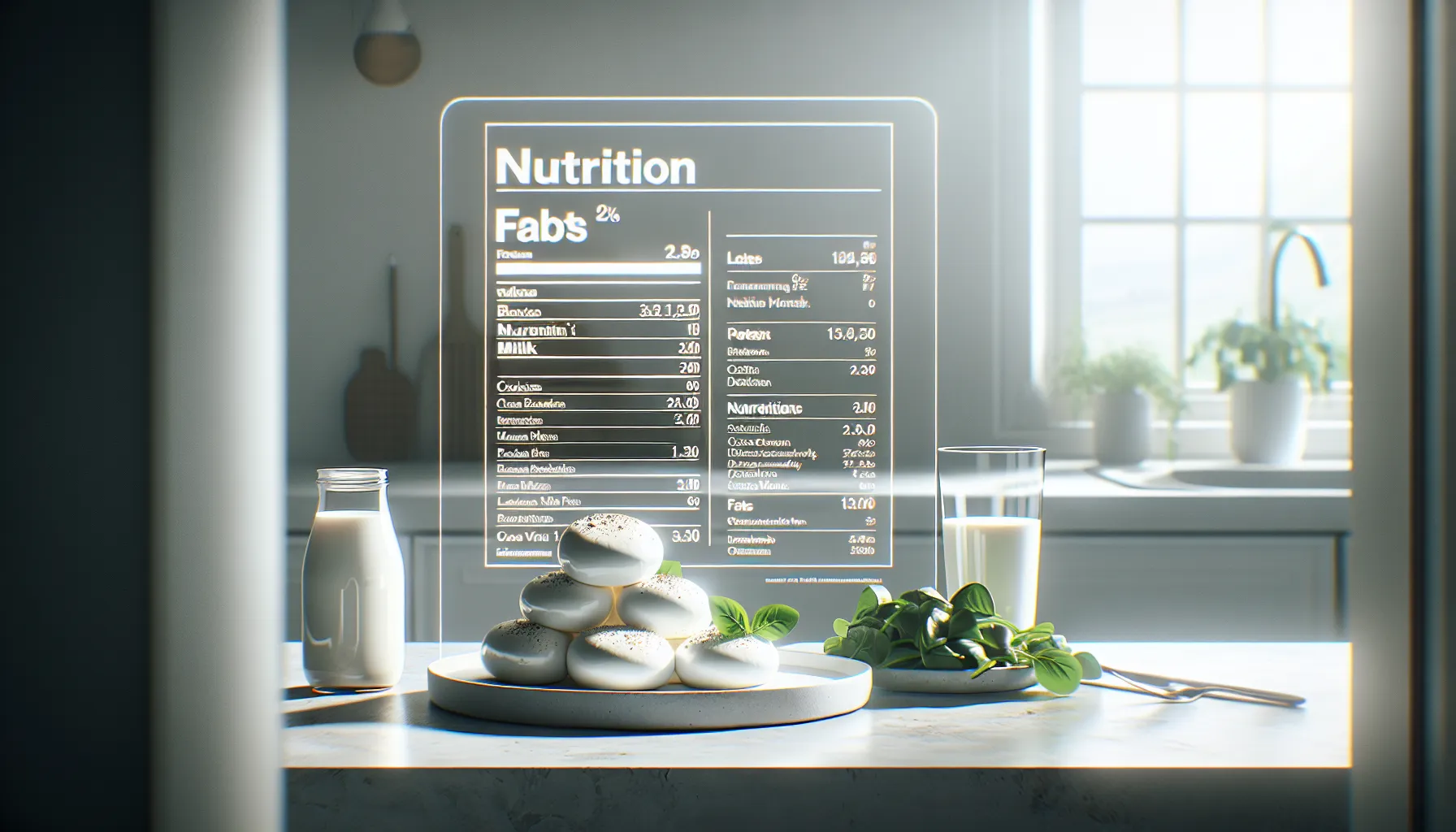 Fresh mozzarella and nutrition facts in a modern kitchen setting.