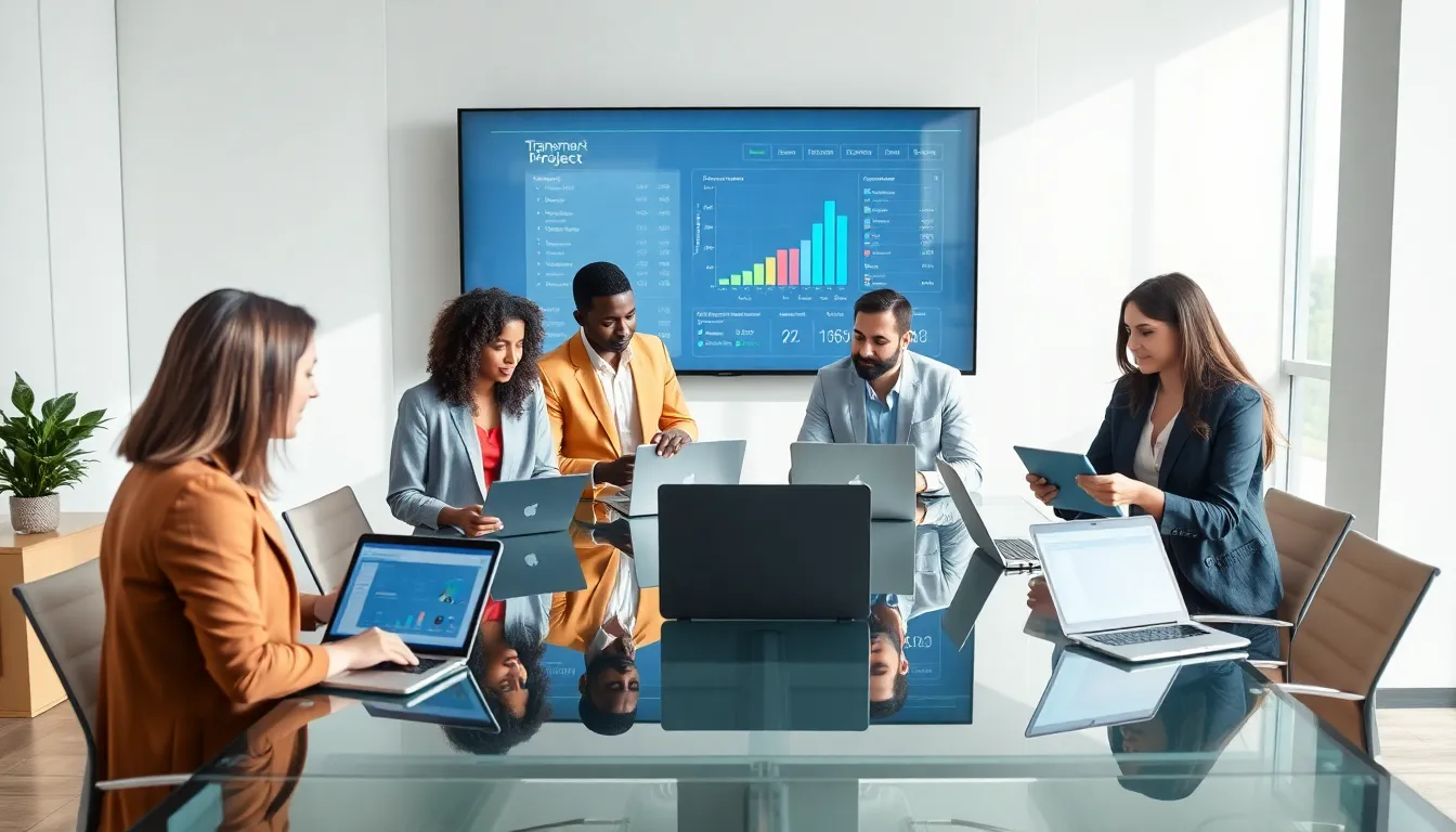 diverse team collaborating on project management in a modern office.