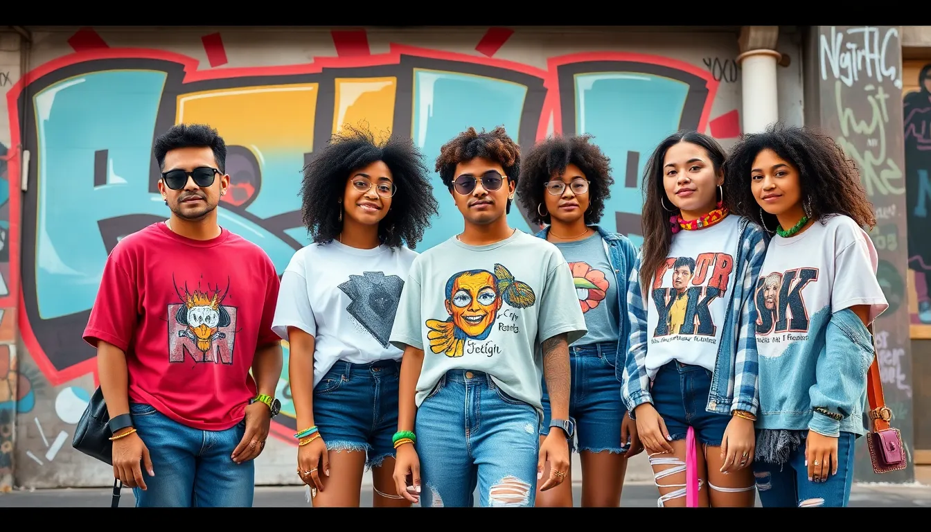 diverse Gen Z group showcasing unique fashion styles in an urban setting.