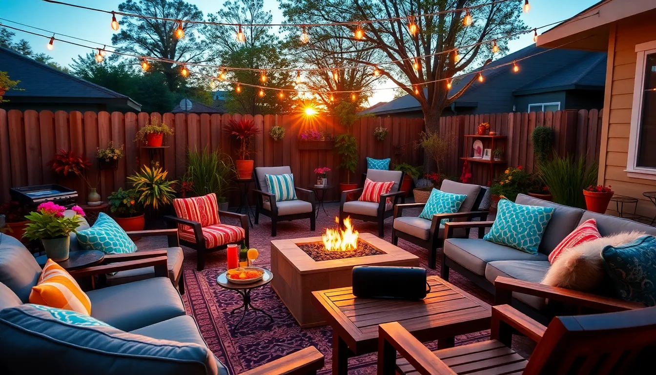 cozy backyard with seating, fire pit, and string lights for entertaining.