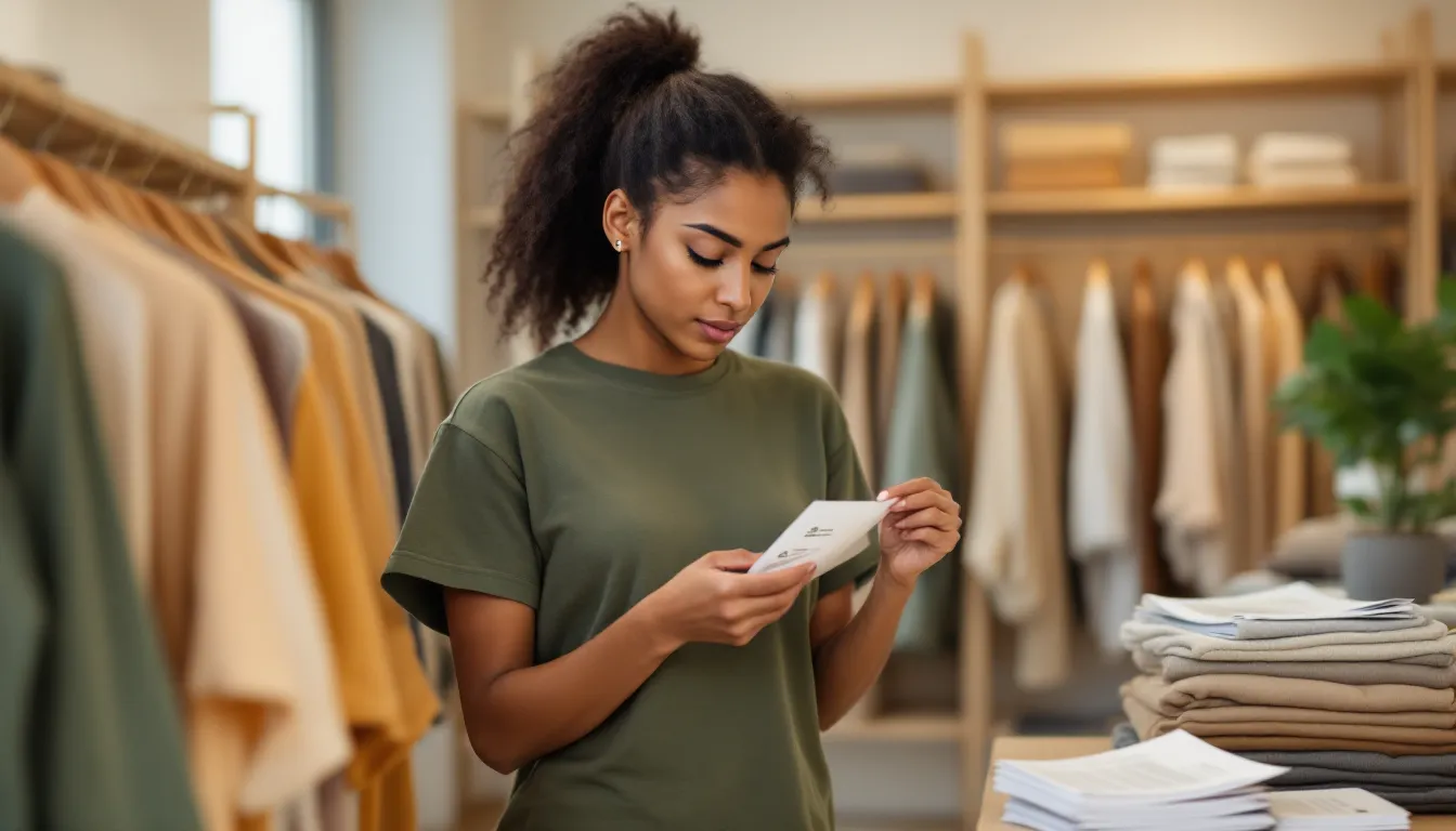 Woman examining a clothing certification tag in a sustainable retail store.