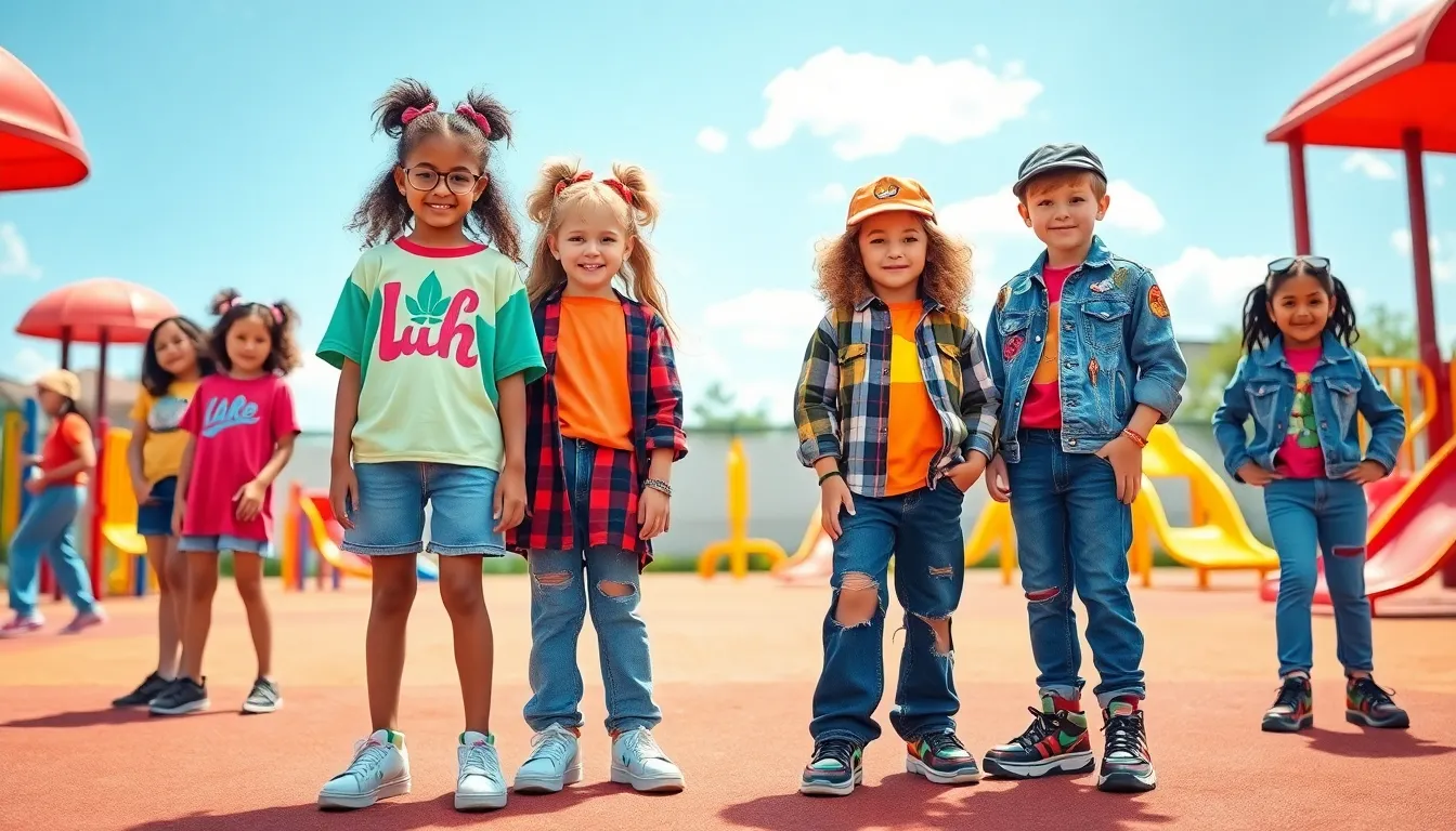 diverse children in 90s fashion playing in a colorful playground.