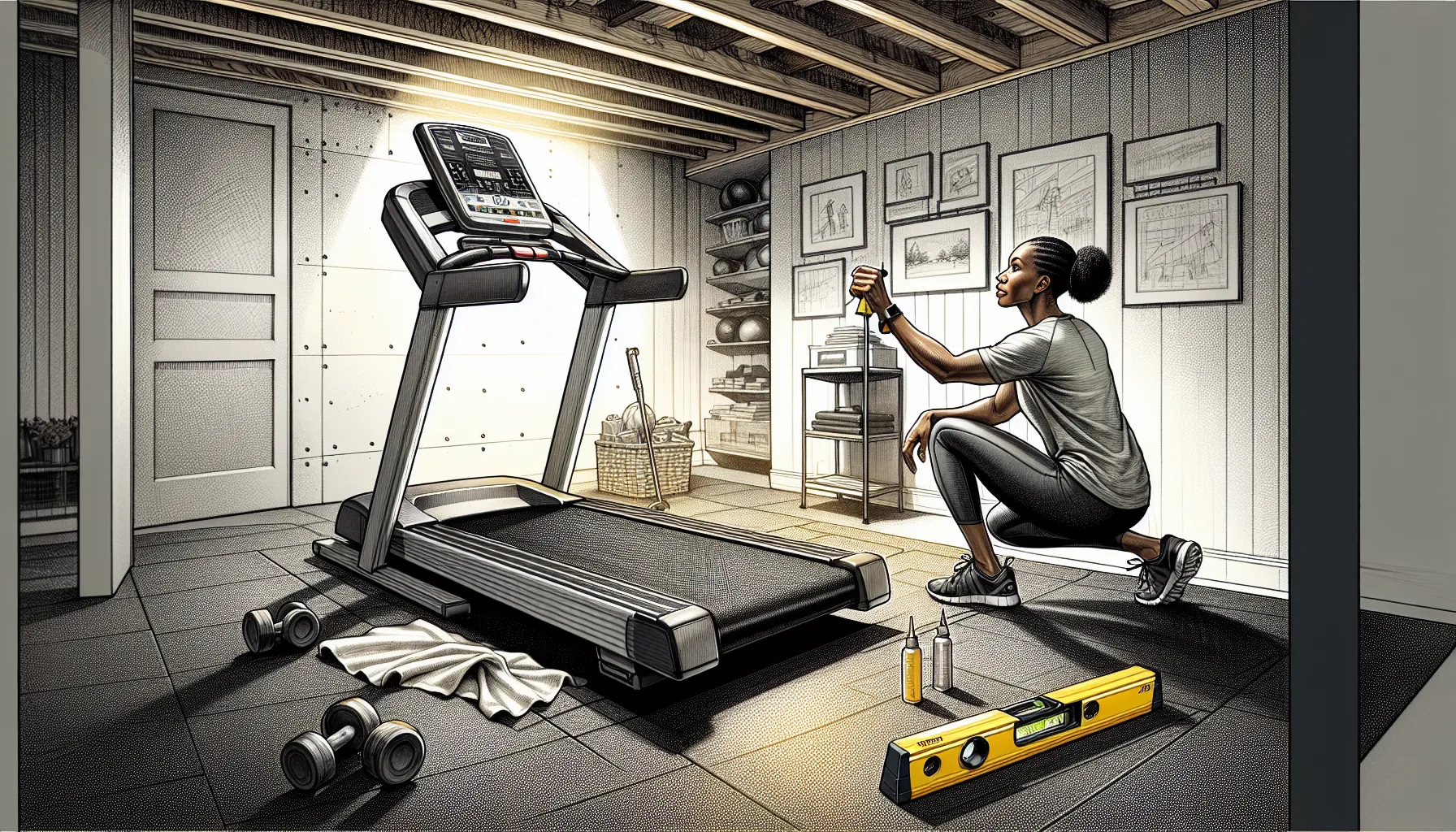 Woman lubricating a full-size home treadmill on a rubber mat.