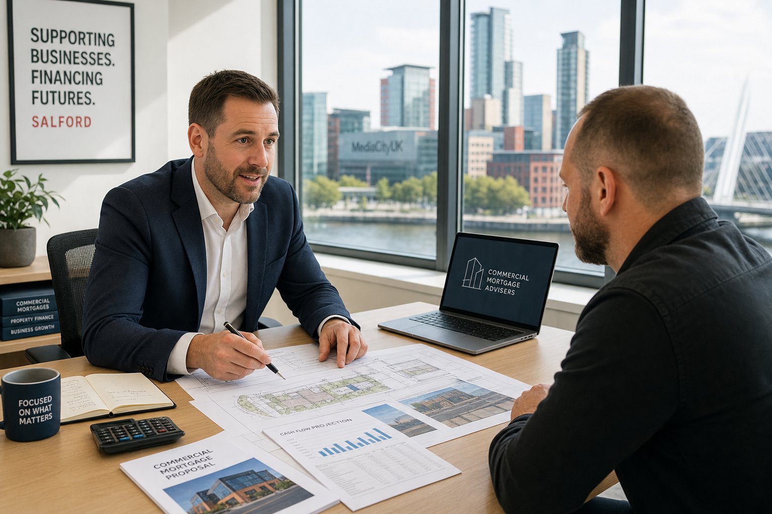 Commercial mortgage adviser meeting a business owner in a bright Salford office with documents and property plans on the desk.