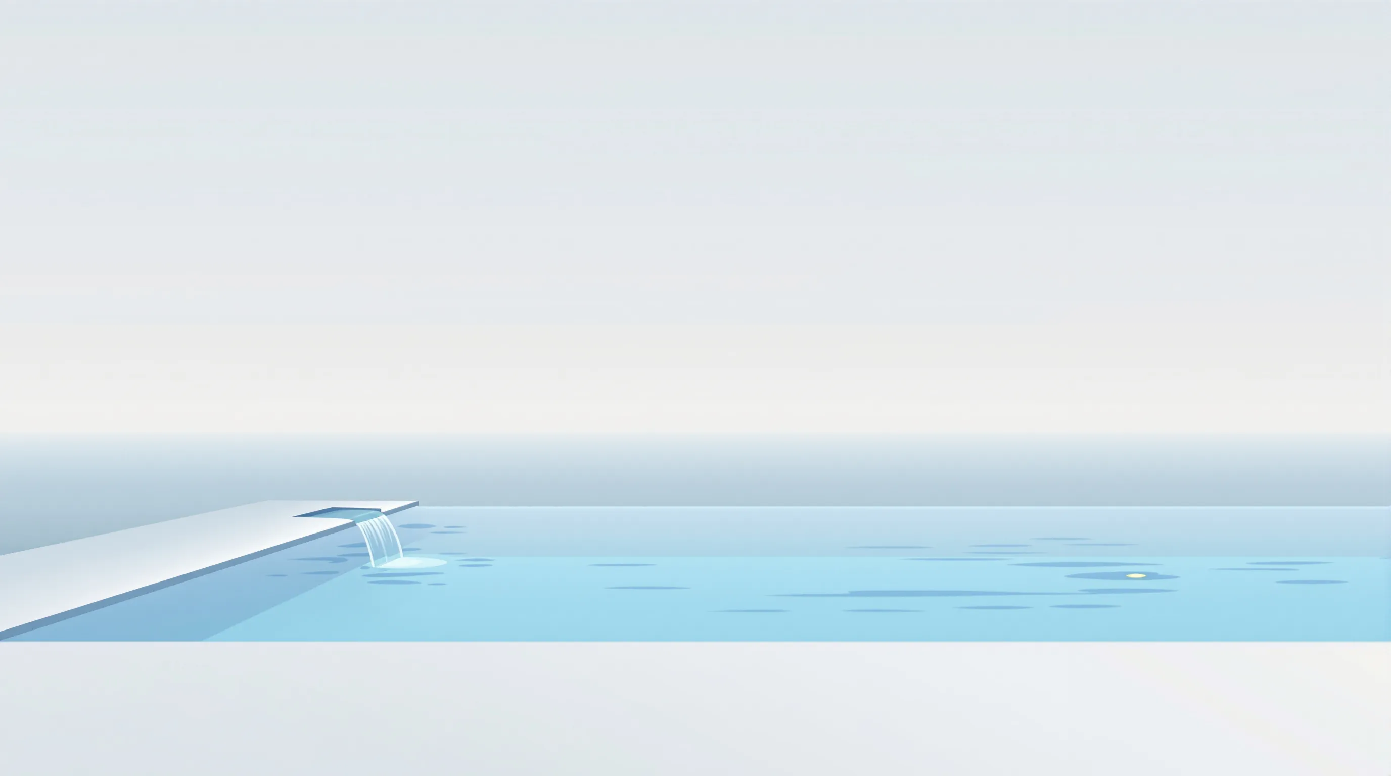 Minimalist infinity pool edge blending into horizon with simple waterfall accent.
