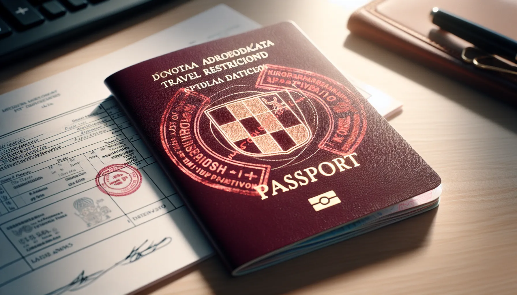 Open Croatian passport showing official travel restriction stamps and markings on desk.