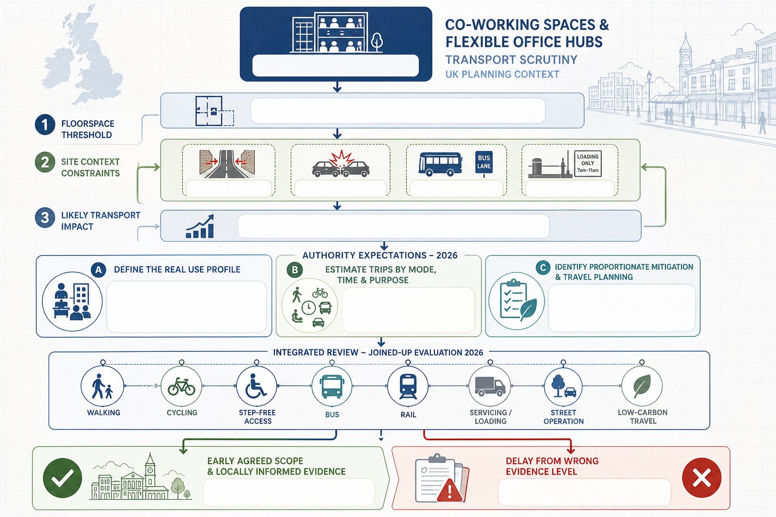 UK infographic of transport assessment triggers and planning review for co-working hubs.
