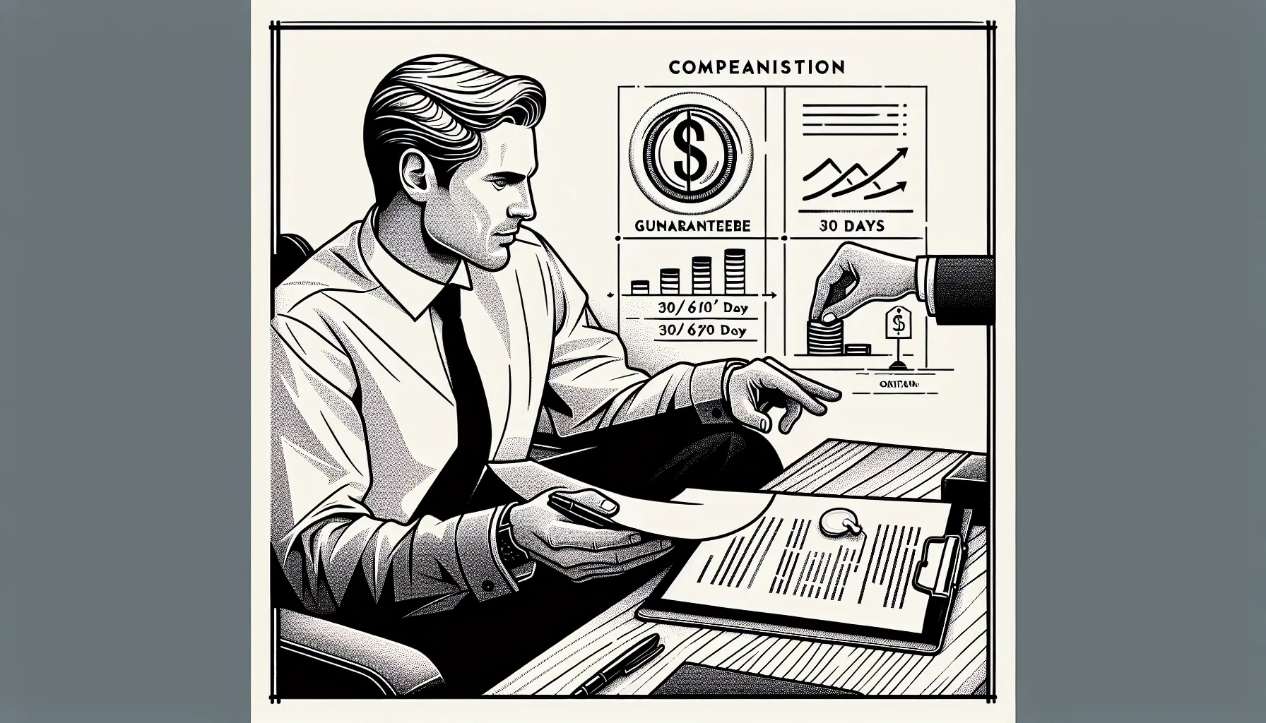 Dentist at desk reviewing a compensation contract with icons for pay models.